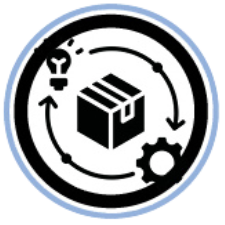 Icône du service de développement des produits. Icône contenant une boîte en carton autour de laquelle tourne une ampoule allumée et un engrenage. La rotation est suggérée par deux flèches reliant les icônes autour de la boîte en carton.