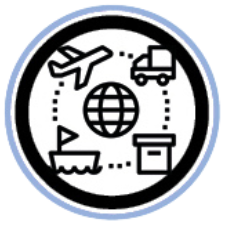 Icône du service de logistique d'importation. Icône représentant un globe terrestre entouré d'un avion, d'un camion, d'un bateau, d'une boîte en carton.